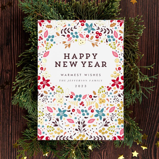 Colourful Happy delicate GOLD foil New Year Floral Holiday Card (Creator Uploaded)