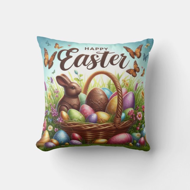 Colourful, Happy Easter basket with eggs Cushion (Front)