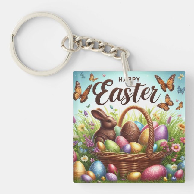 Colourful, Happy Easter basket with eggs Key Ring (Front)