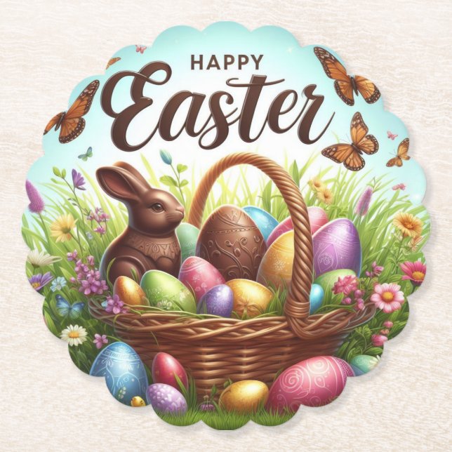 Colourful, Happy Easter basket with eggs Paper Coaster (Front)