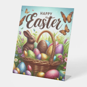 Colourful, Happy Easter basket with eggs Pedestal Sign