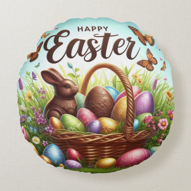 Colourful, Happy Easter basket with eggs Round Cushion (Front)