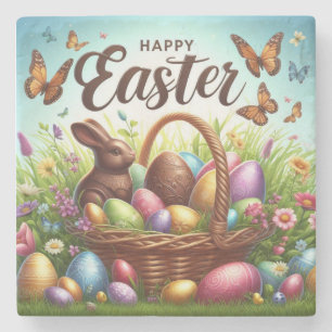 Colourful, Happy Easter basket with eggs Stone Coaster