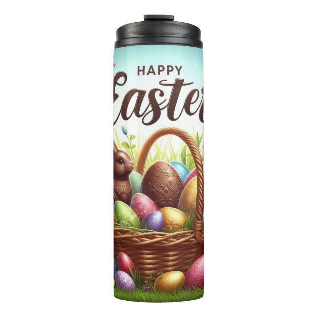 Colourful, Happy Easter basket with eggs Thermal Tumbler (Front)