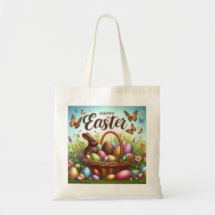 Colourful, Happy Easter basket with eggs Tote Bag