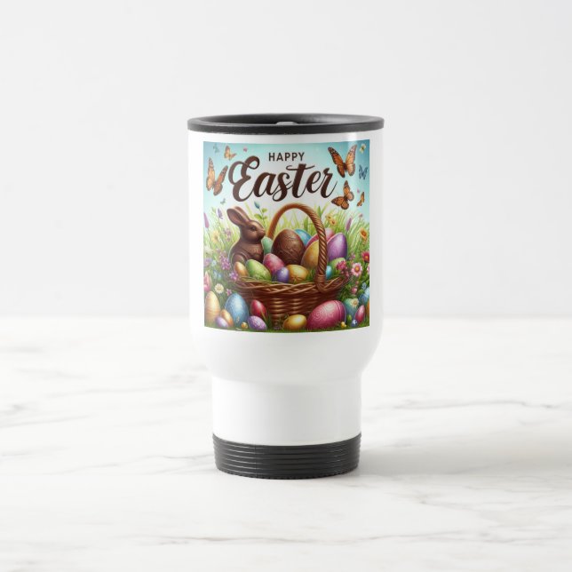 Colourful, Happy Easter basket with eggs Travel Mug (Center)