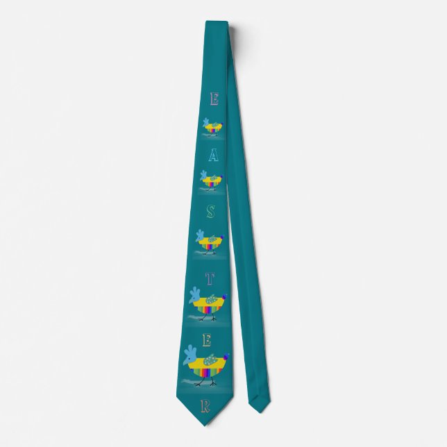 Colourful Happy Easter Chicks Greeting Teal Tie (Front)