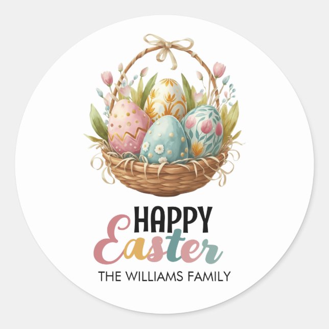 Colourful Happy Easter Egg Basket Watercolor Classic Round Sticker (Front)
