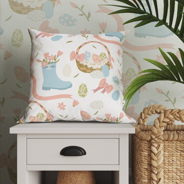 Colourful Happy Easter Eggs In Spring Basket Cushion (Creator Uploaded)