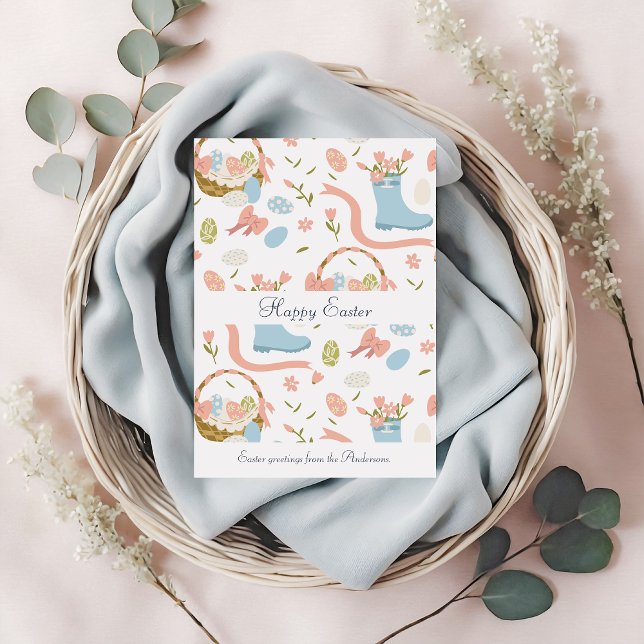 Colourful Happy Easter Eggs In Spring Basket Holiday Card (Creator Uploaded)