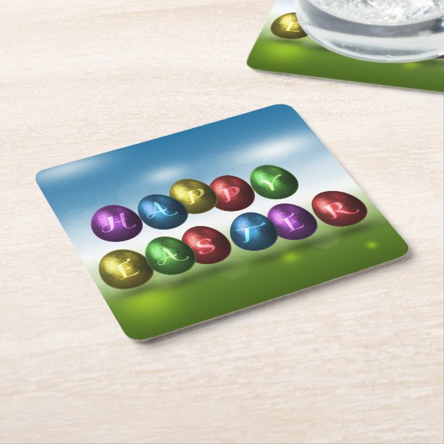 Colourful Happy Easter Eggs Square Paper Coaster (Angled)