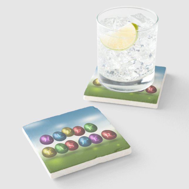 Colourful Happy Easter Eggs Stone Coaster (Side)