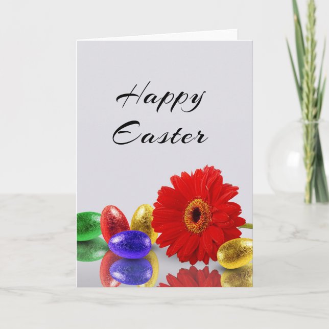Colourful Happy Easter Eggs with Gerbera Holiday Card (Front)