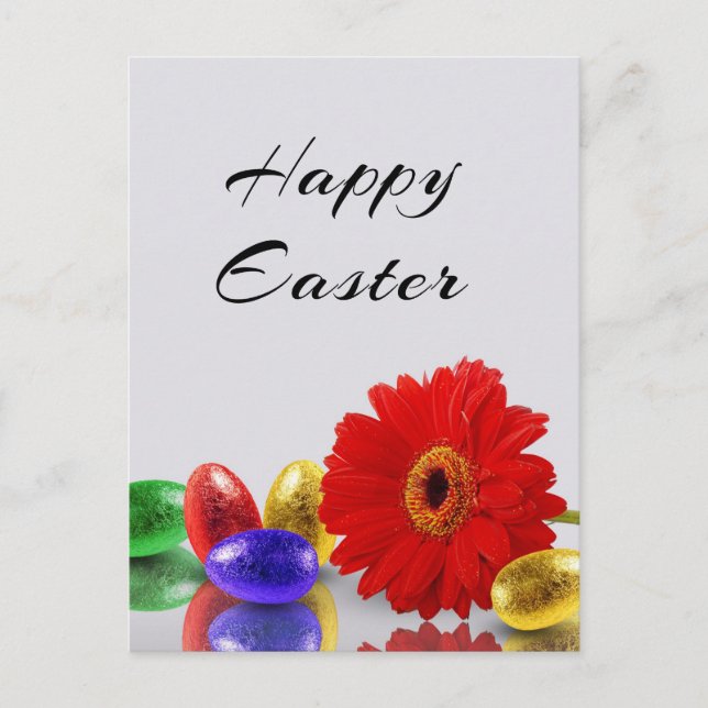 Colourful Happy Easter Eggs with Gerbera Holiday P Postcard (Front)