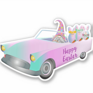 Colourful Happy Easter Gnome Car Bunnies