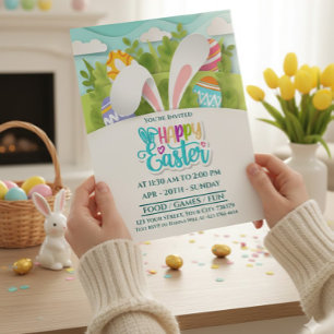 Colourful Happy Easter Party Bunny Ears and Egg Holiday Postcard