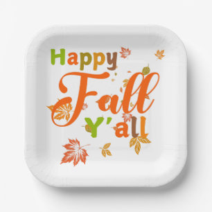 Colourful Happy Fall Y'all with Autumn Leaves Paper Plate