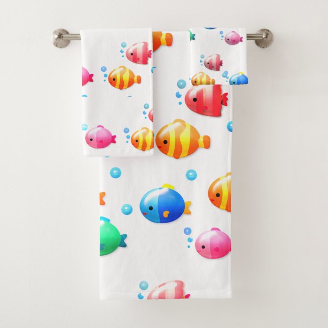 Colourful Happy Fish with Bubbles  Bath Towel Set (Insitu)