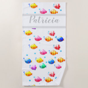 Colourful Happy Fish with Bubbles Beach Towel