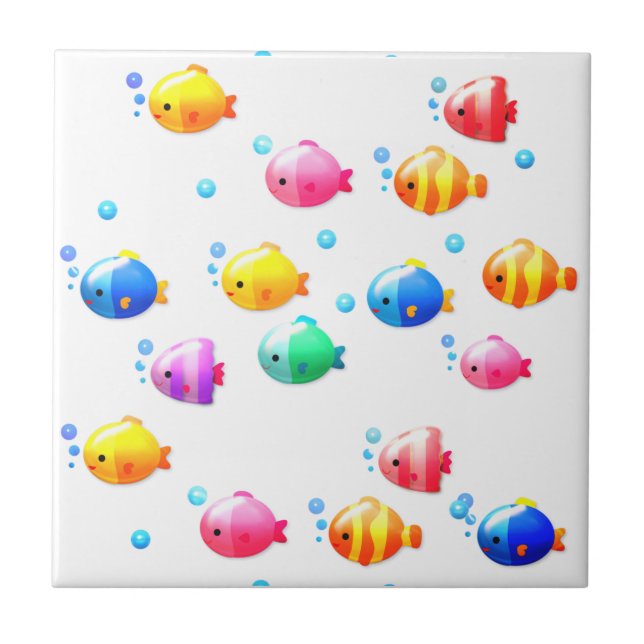 Colourful Happy Fish with Bubbles  Ceramic Tile (Front)