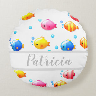 Colourful Happy Fish with Bubbles Round Cushion