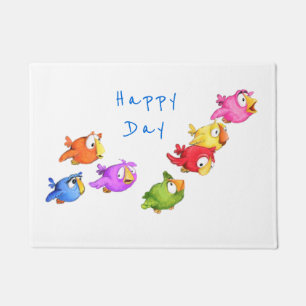 Colourful Happy Flying Birds - Cute Funny Sparrows Doormat