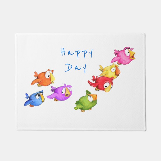 Colourful Happy Flying Birds - Cute Funny Sparrows Doormat (Front)