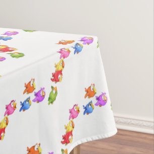 Colourful Happy Flying Birds - Cute Funny Sparrows Tablecloth