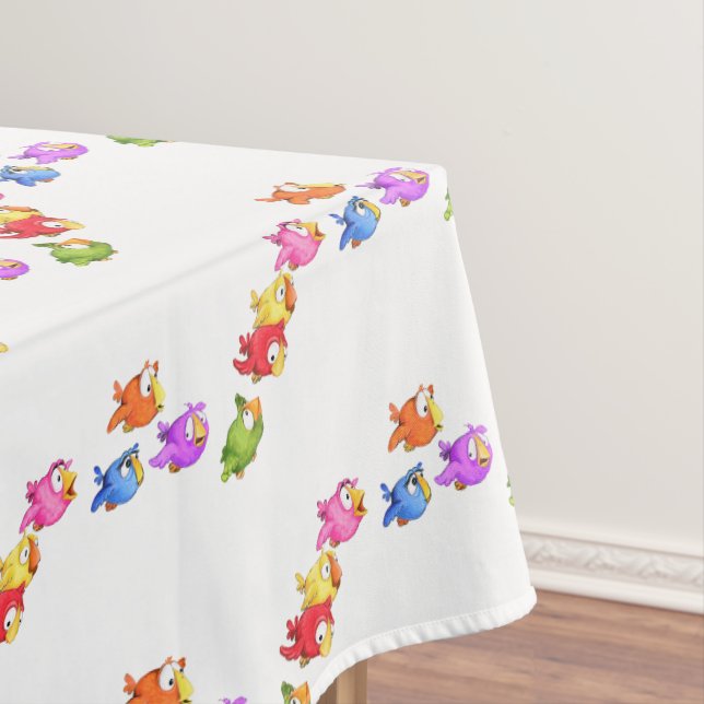 Colourful Happy Flying Birds - Cute Funny Sparrows Tablecloth (In Situ)