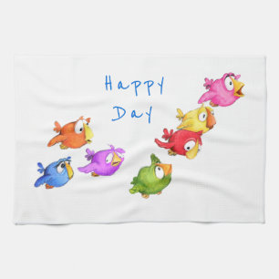 Colourful Happy Flying Birds - Cute Funny Sparrows Tea Towel