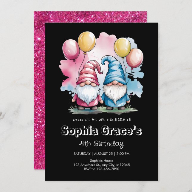 Colourful happy gnomes with balloons invitation (Front/Back)