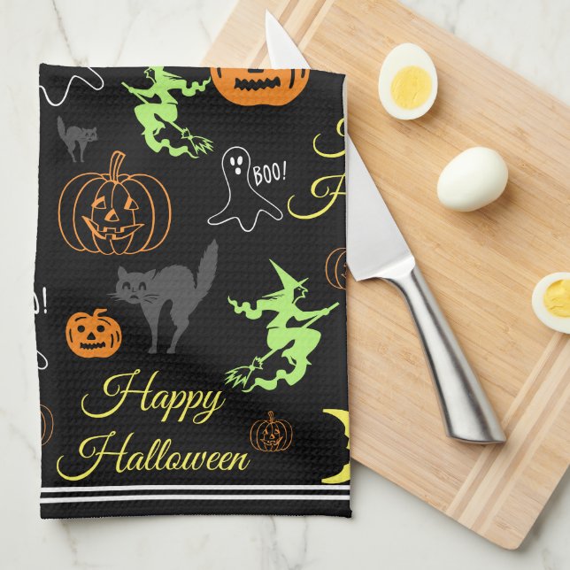 Colourful Happy Halloween Pattern Black Tea Towel (Quarter Fold)