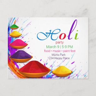 Colourful Happy Holi Powders Bowls Event Invitatio Postcard