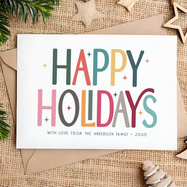 Colourful Happy Holidays Cute Retro Stars Holiday Card (Creator Uploaded)