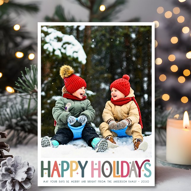Colourful Happy Holidays Cute Retro Stars Photo Card (Creator Uploaded)