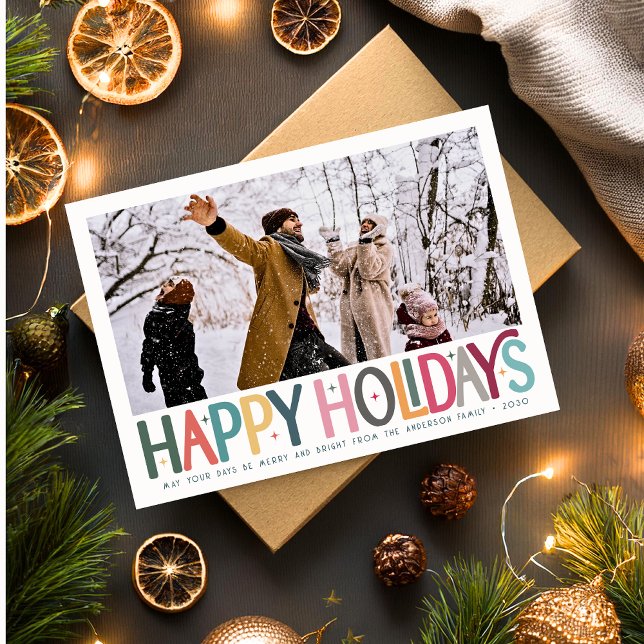Colourful Happy Holidays Cute Retro Stars Photo Holiday Card (Creator Uploaded)
