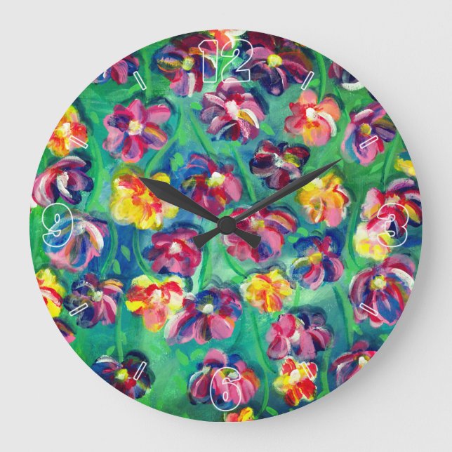 Colourful Happy Little Flowers Original Artwork Large Clock (Front)