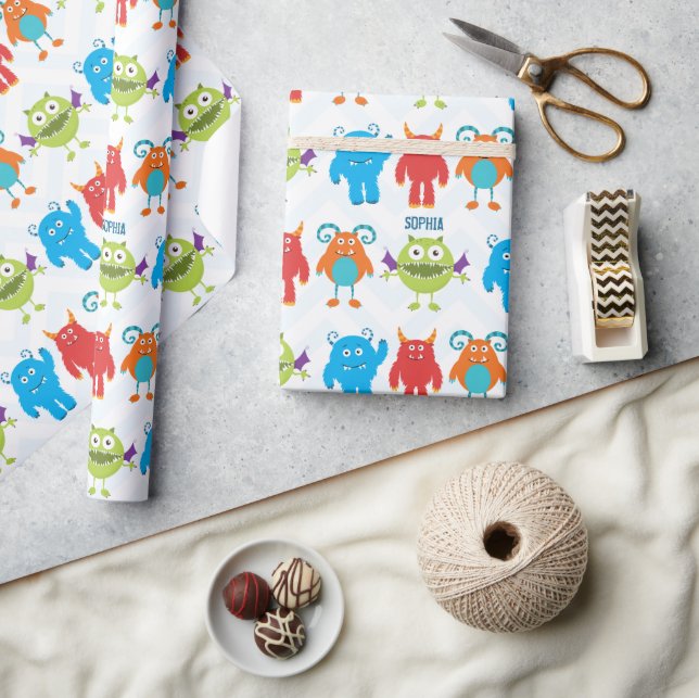 Colourful Happy Monsters with Kid Name Pattern Wrapping Paper (Crafts)