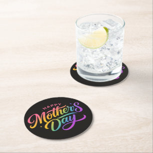Colourful Happy Mother's Day Rainbow Calligraphy   Round Paper Coaster