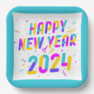 Colourful Happy New Year 2024 Paper Plate
