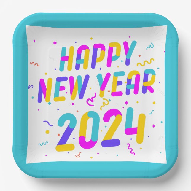 Colourful Happy New Year 2024 Paper Plate (Front)