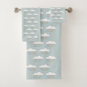 Colourful happy raindrops white fluffy clouds aqua bath towel set