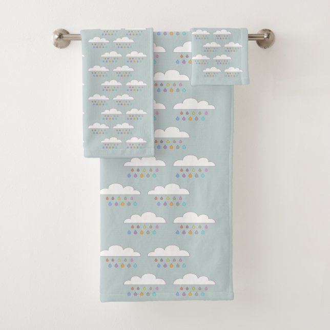 Colourful happy raindrops white fluffy clouds aqua bath towel set (Insitu)
