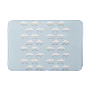 Colourful happy raindrops white fluffy clouds blue bath mat