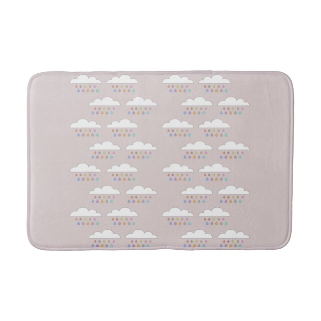 Colourful happy raindrops white fluffy clouds blus bath mat