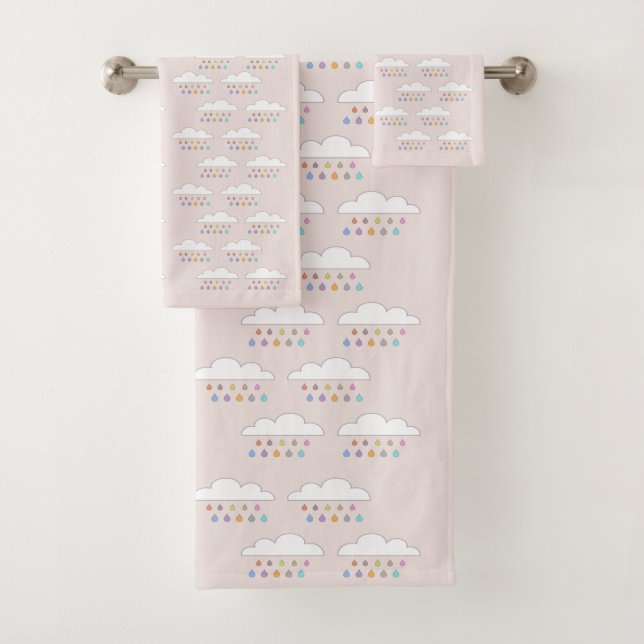 Colourful happy raindrops white fluffy clouds blus bath towel set (Insitu)
