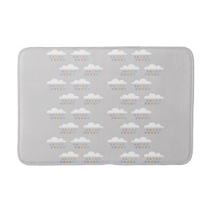 Colourful happy raindrops white fluffy clouds grey bath mat