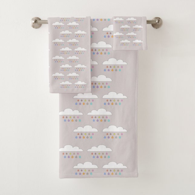 Colourful happy raindrops white fluffy clouds pink bath towel set (Insitu)