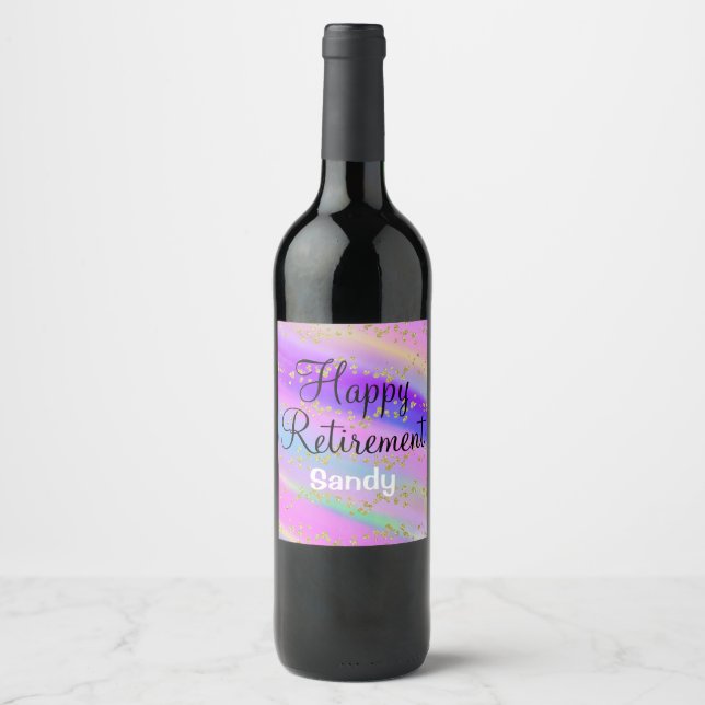Colourful Happy Retirement Unicorn Gold Glitter Wine Label (Front)