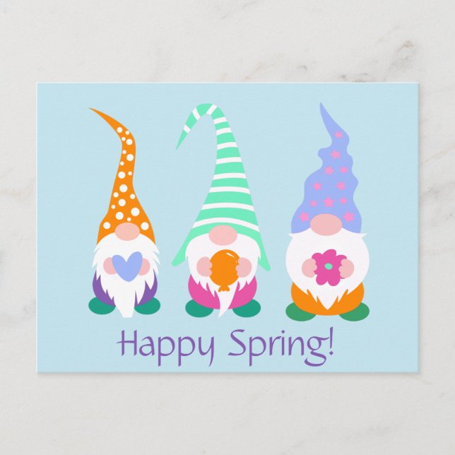 Colourful Happy Spring Gnomes Greetings Postcard (Front)